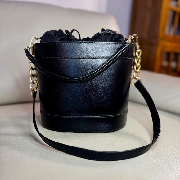 Divina Firenze Black & Tan Woven Leather Bucket Bag Crossbody - Picture 3 of 5